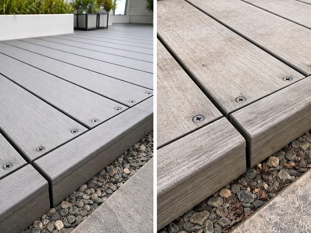 Side-by-side staged-clean patio photo versus worn homeowner-style closeup of joints and hardware.