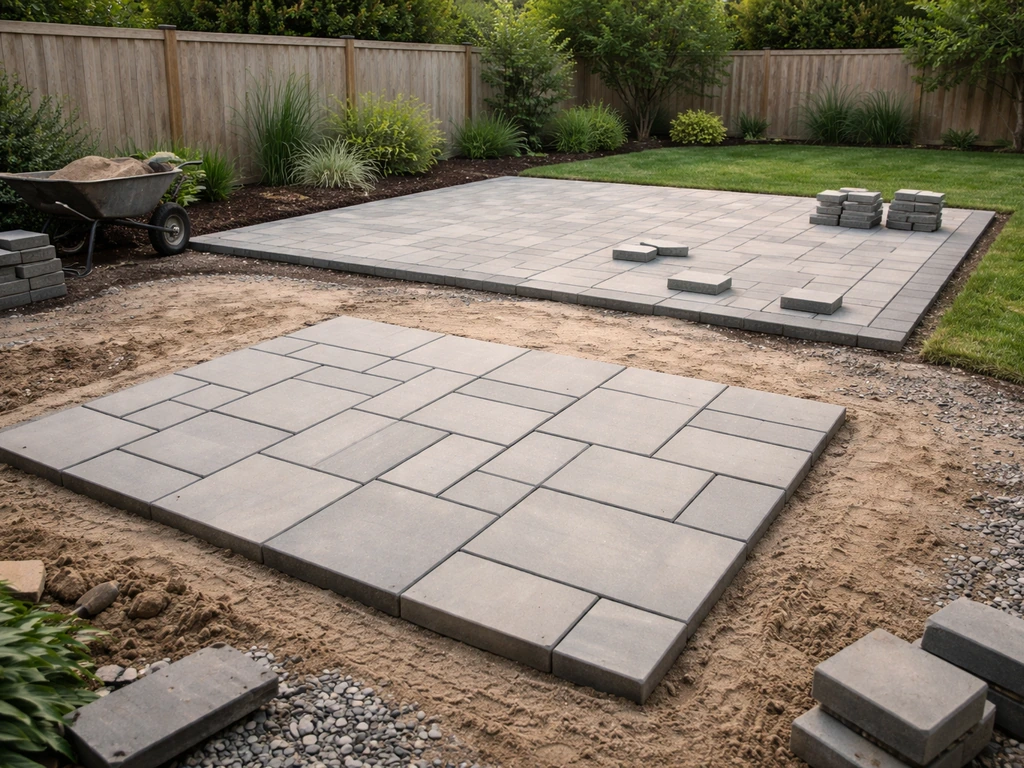 Inviting backyard patio with prepared stone base and fresh paver sections, showcasing contractor-ready work.
