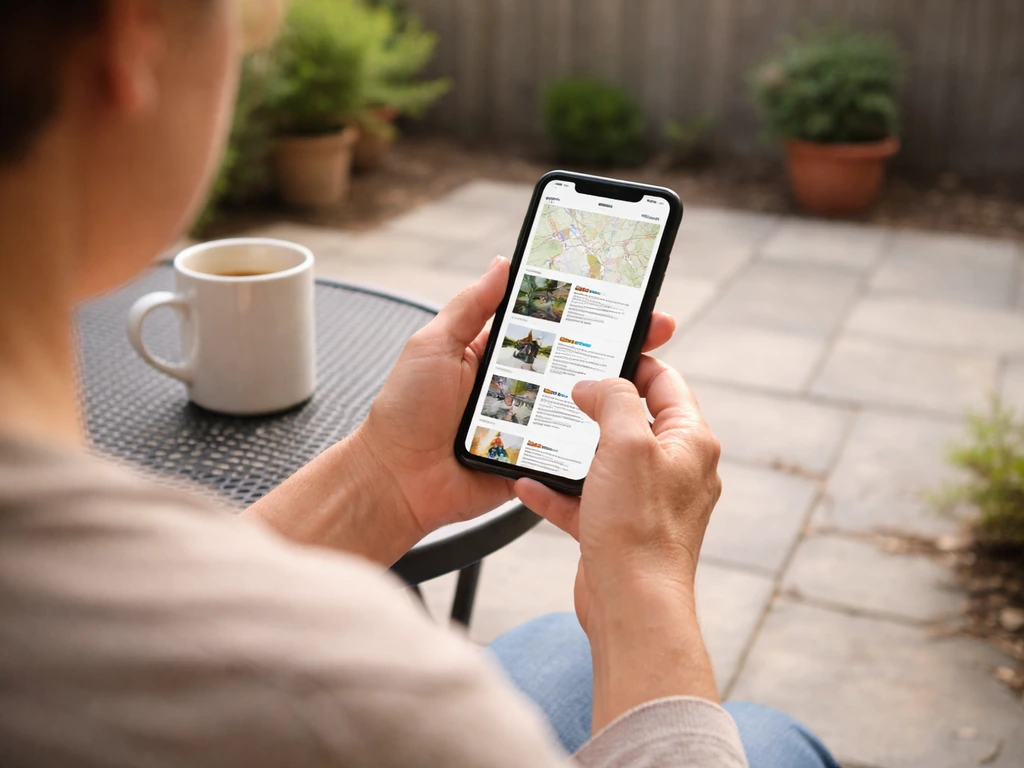 Homeowner on a patio yard looking at a phone with map results while researching local patio contractors.