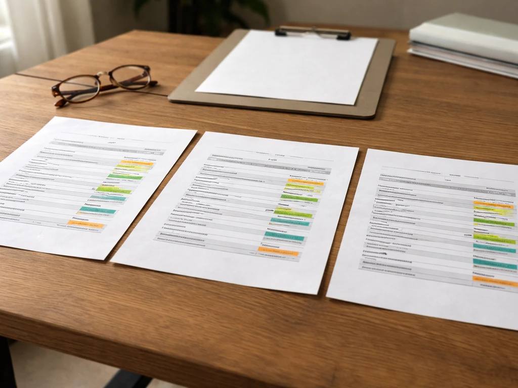 Close-up of three patio contractor quotes laid out on a desk with highlighted line items, comparing costs.