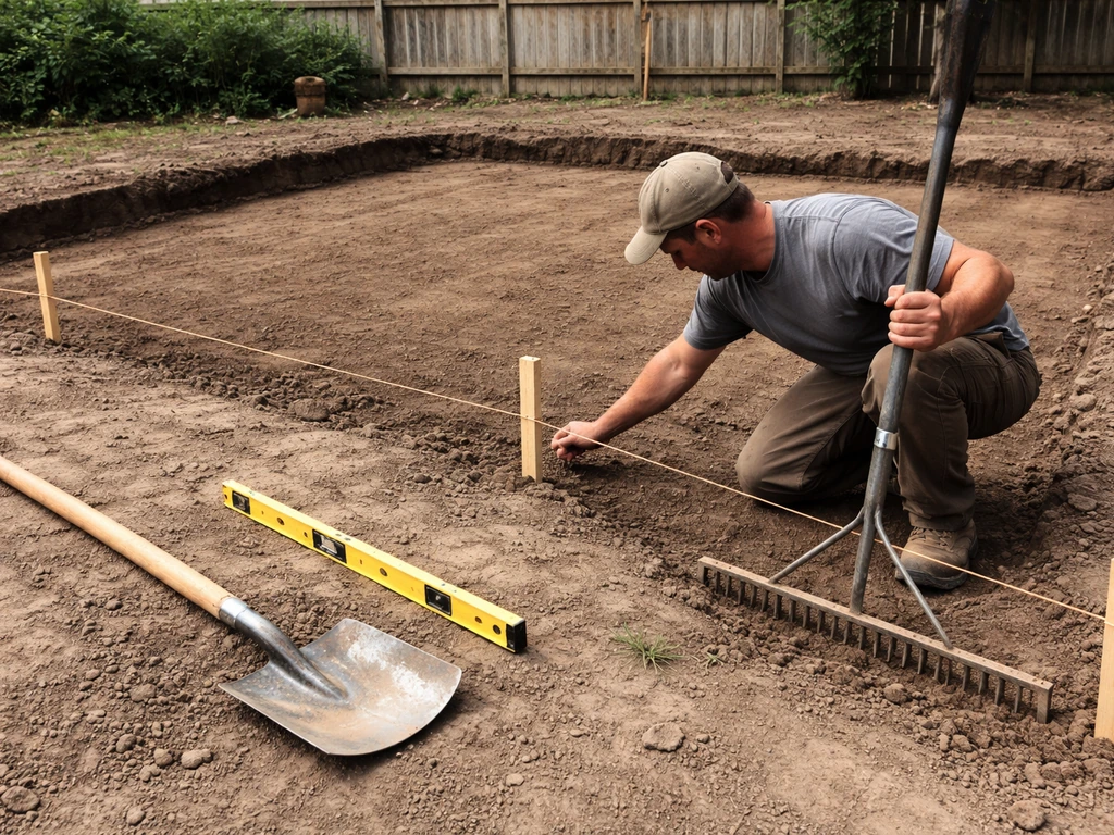 Contractor kneeling at a patio excavation edge, grading dirt and adjusting a string line with tools ready.