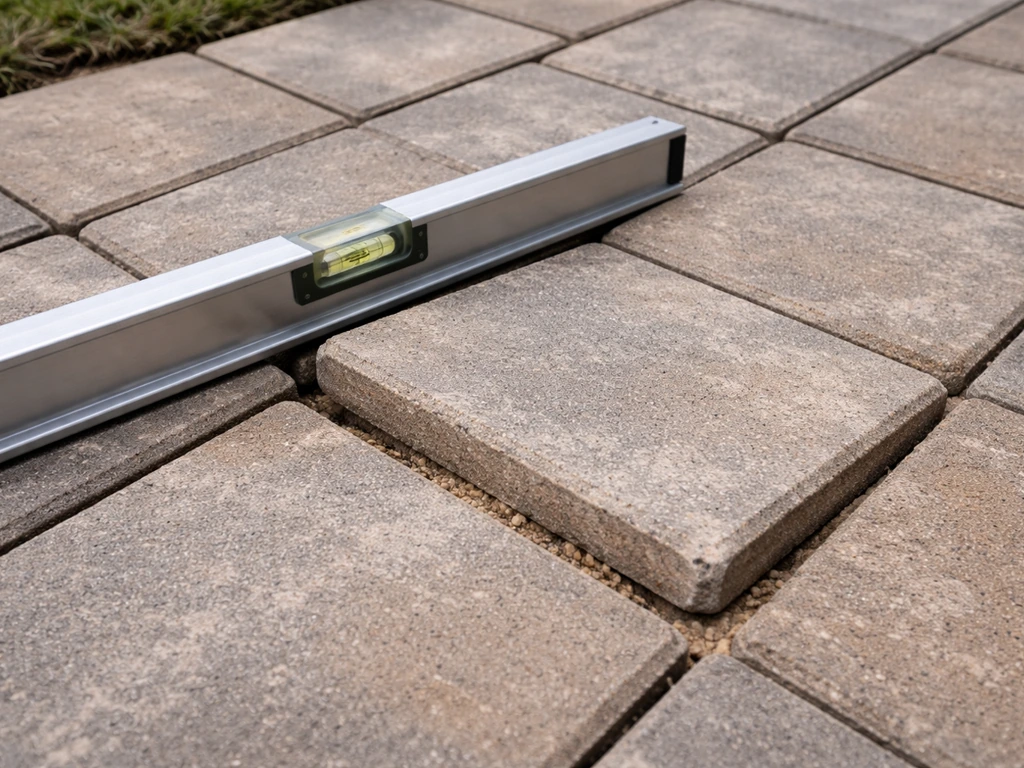 Close-up of patio pavers with a hand tool indicating a slightly rocking, uneven stone.