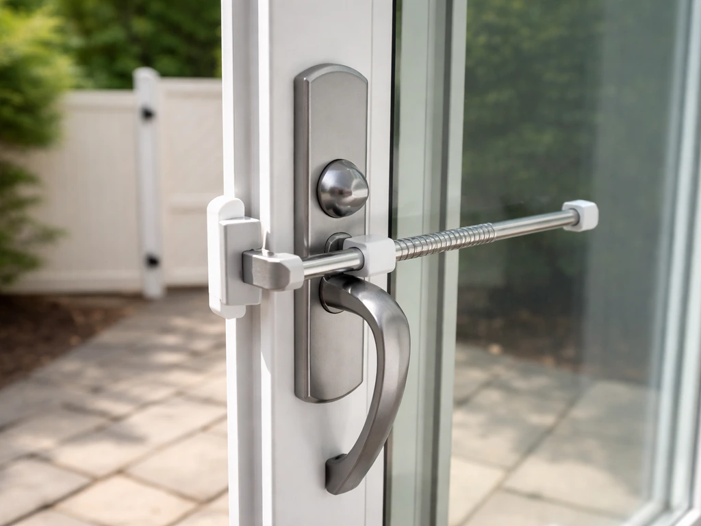 Close-up of a patio safety lock securing an exterior patio door for kid/pet safety.