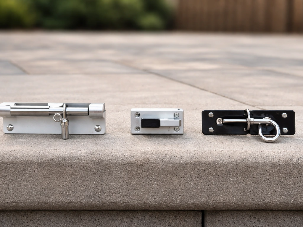 Three different patio door and gate locks laid side-by-side on a patio surface.