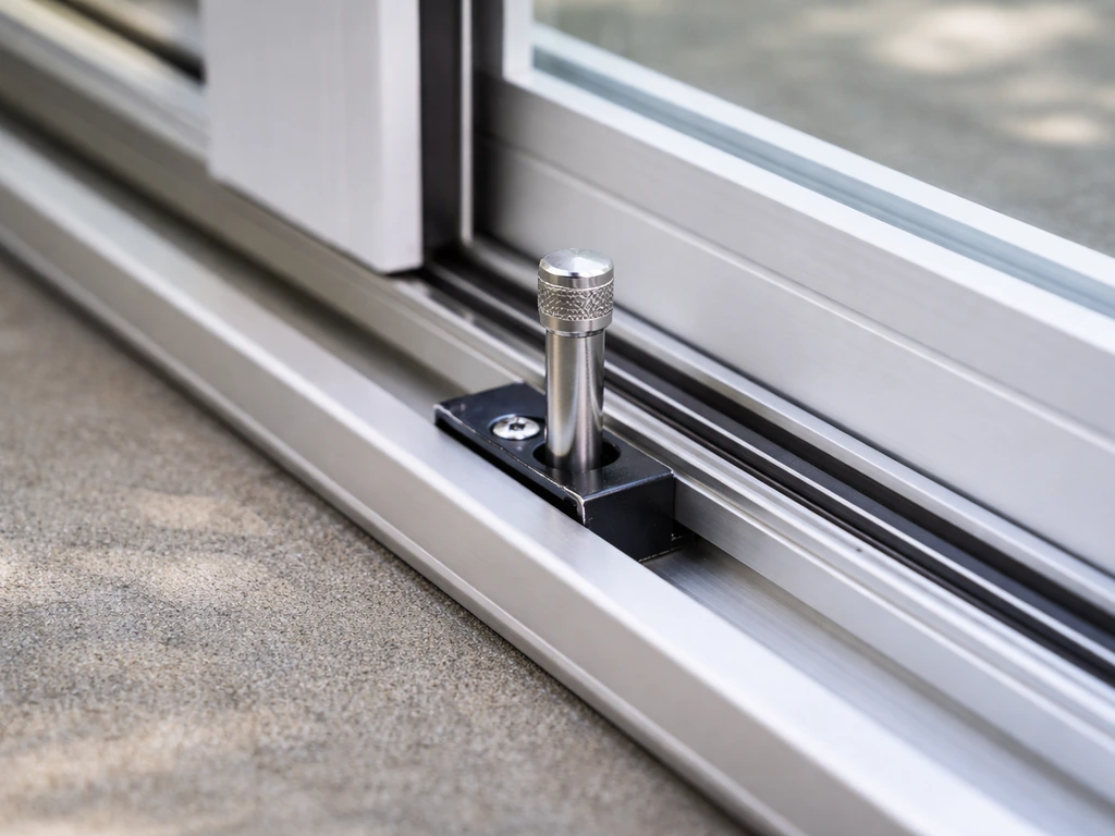 Close-up of a sliding patio door lower track with a correctly placed pin/bar lock installed.