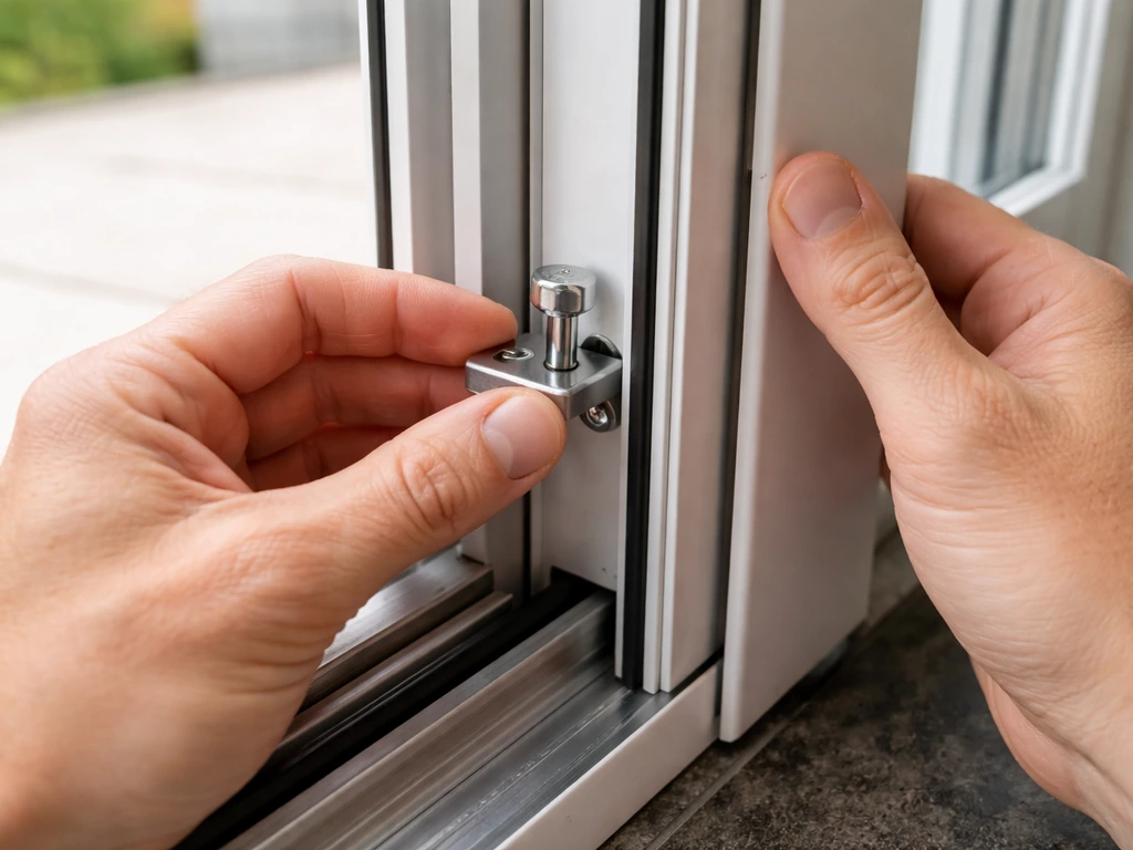 Hand aligning a pin lock fastener on a fully closed sliding glass patio door frame