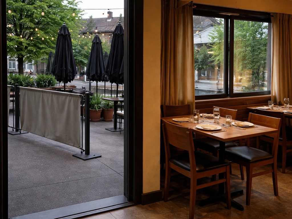 Restaurant dining room set up with warm tables while the outdoor patio is blocked off with barriers.