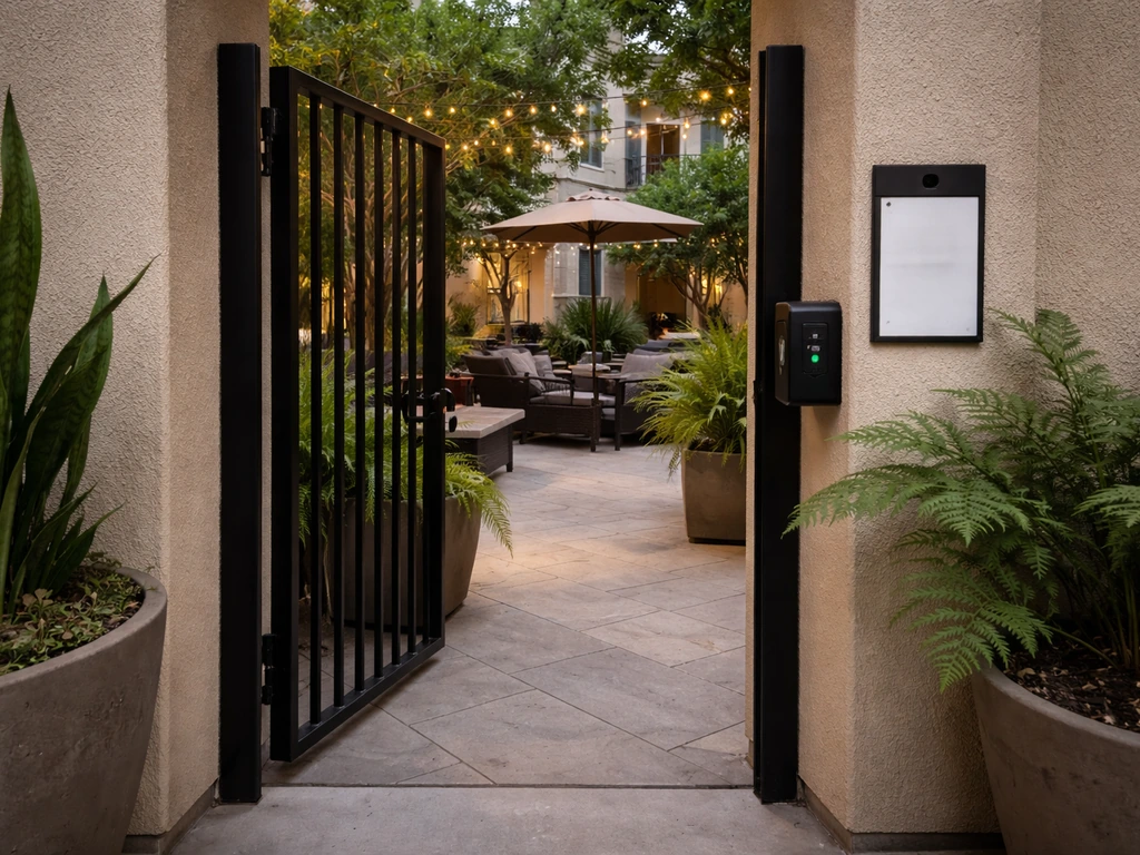 Apartment patio gate with a controlled-access cue and reserved-entry sign, minimal entrance view.