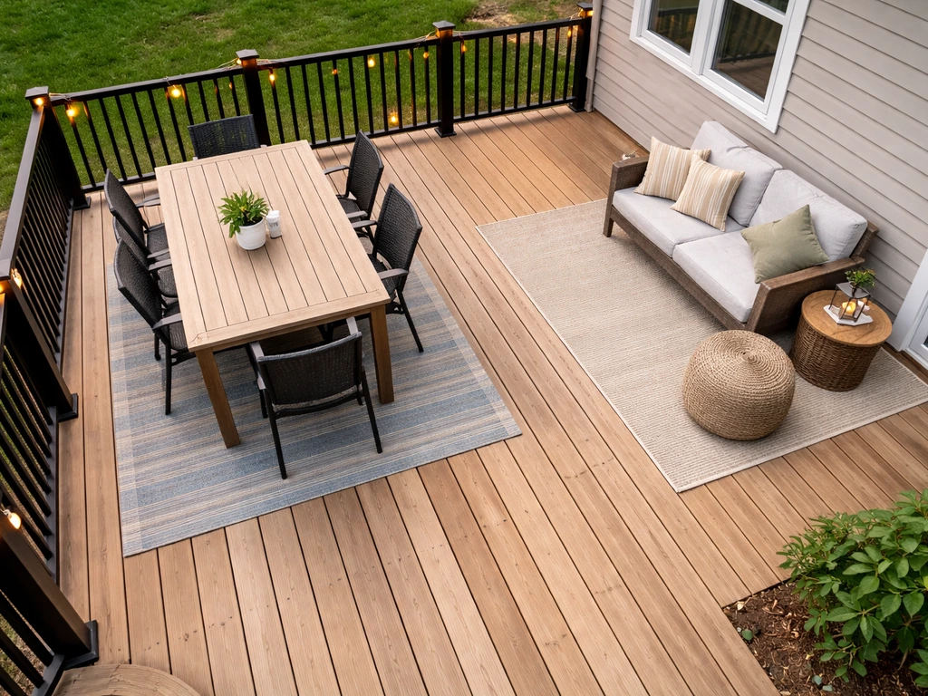 Overhead view of a finished patio deck showing dining and lounging zones with clear walk paths around furniture