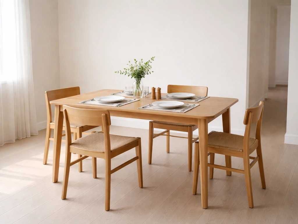 Minimal dining area with table set and chairs pulled out, showing clear space for everyday family meals.