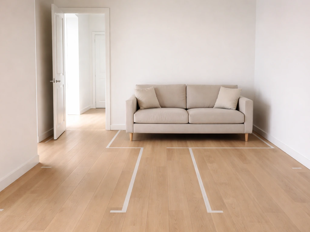 Minimal room layout showing clear walkways between seating and an open door for comfortable circulation
