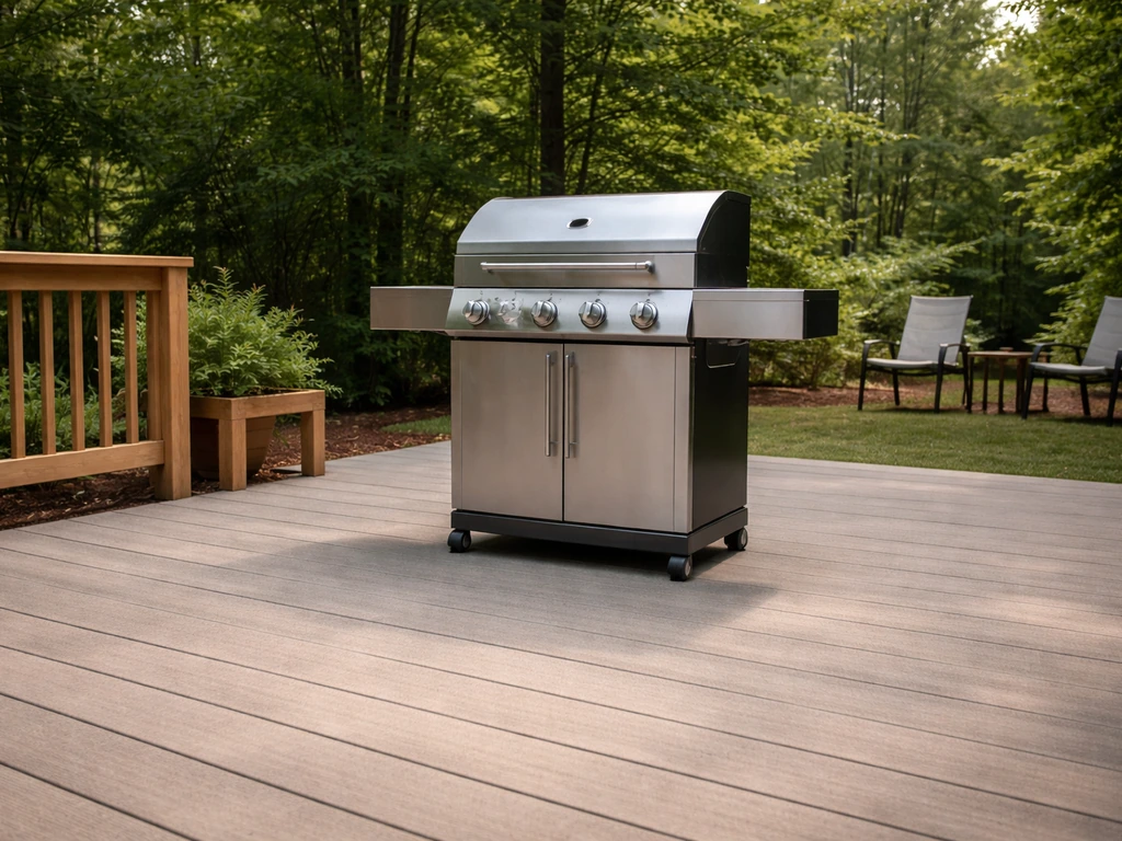 Gas grill on a patio with clear space around it and outdoor seating visible at a safe distance.