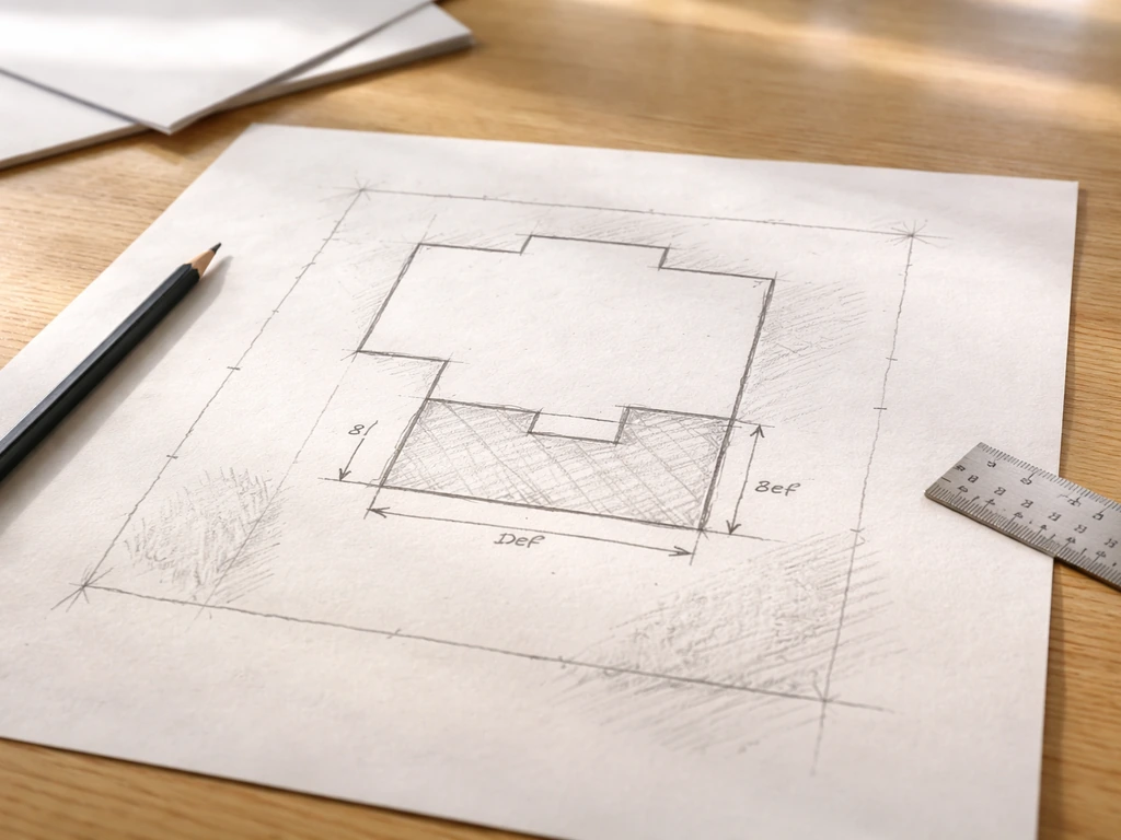 Hand-drawn property sketch on a table showing house outline, property lines, and proposed deck dimensions