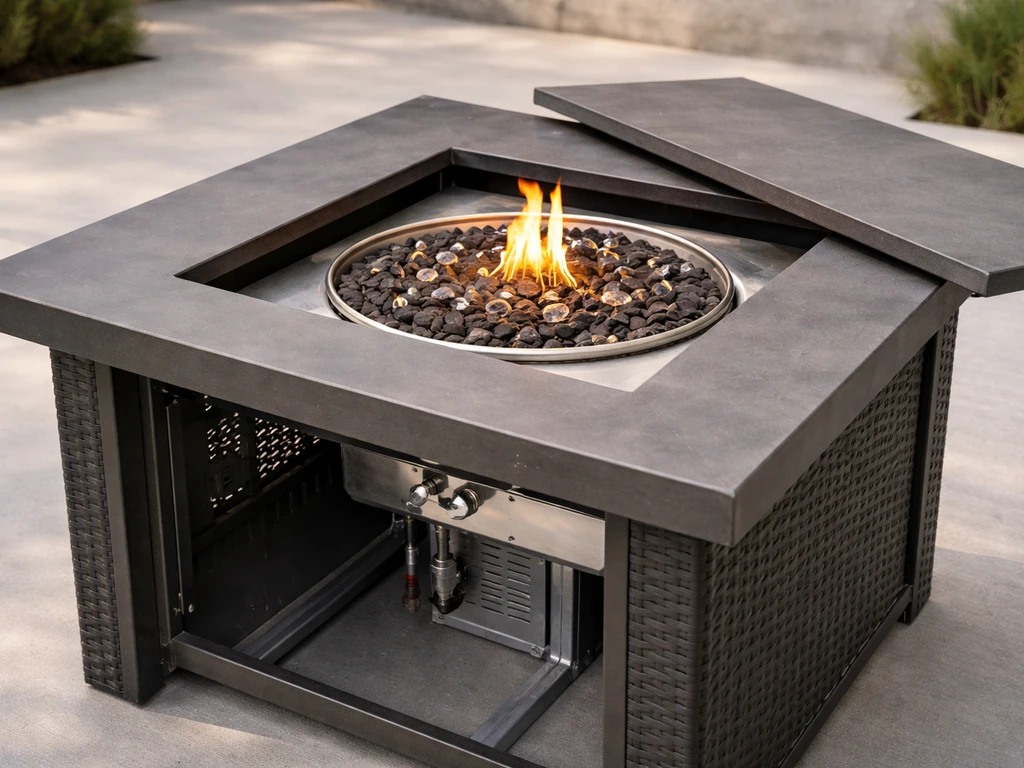 Cutaway view of a high-top gas fire pit table showing burner pan, flame chamber, lava rock, and glass.