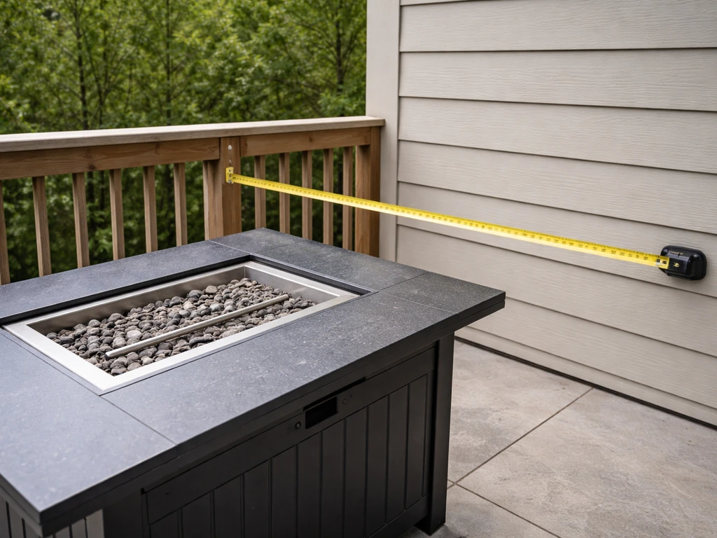 Side view of a gas fire pit table with a tape measure indicating 3-foot clearance to nearby wood railing and siding.