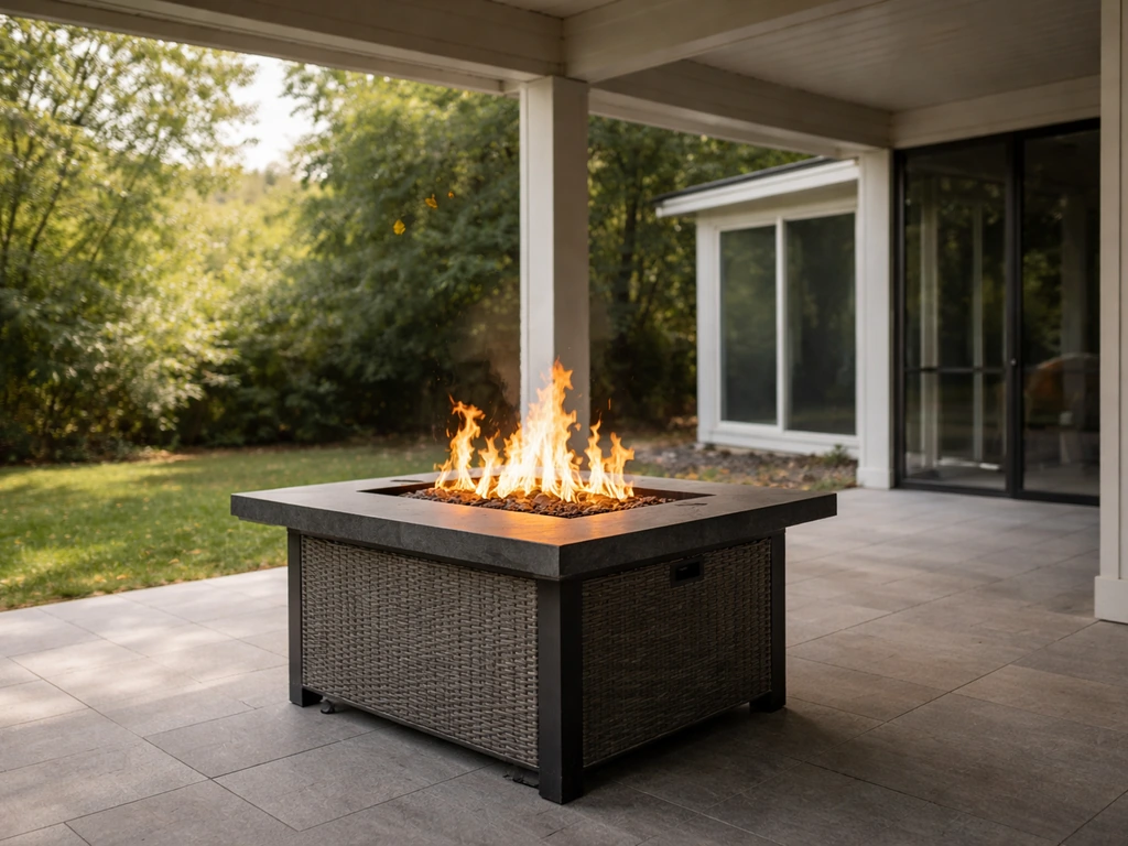 Gas fire pit table on an open patio with clear airflow, positioned away from a fully enclosed pergola corner