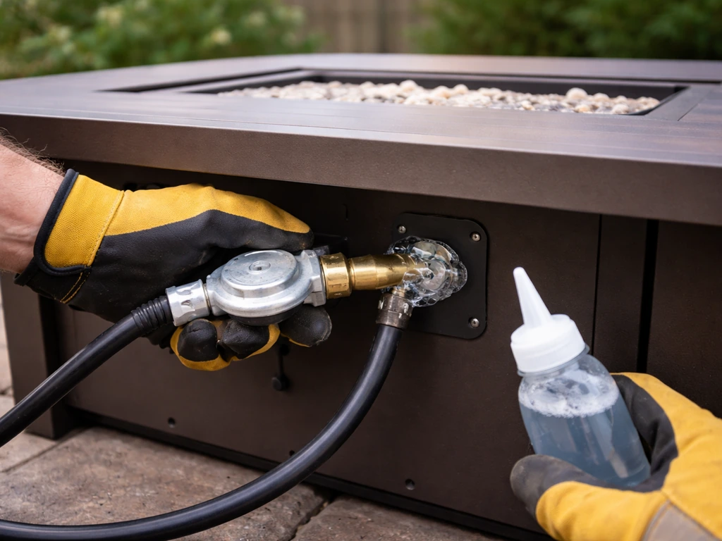 Hands connecting a propane hose to a fire pit table inlet, with bubble solution leak check