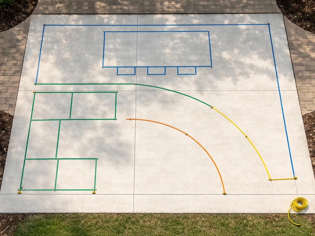 Top-down view of a backyard patio plan with dining, seating, path, and clearance zones