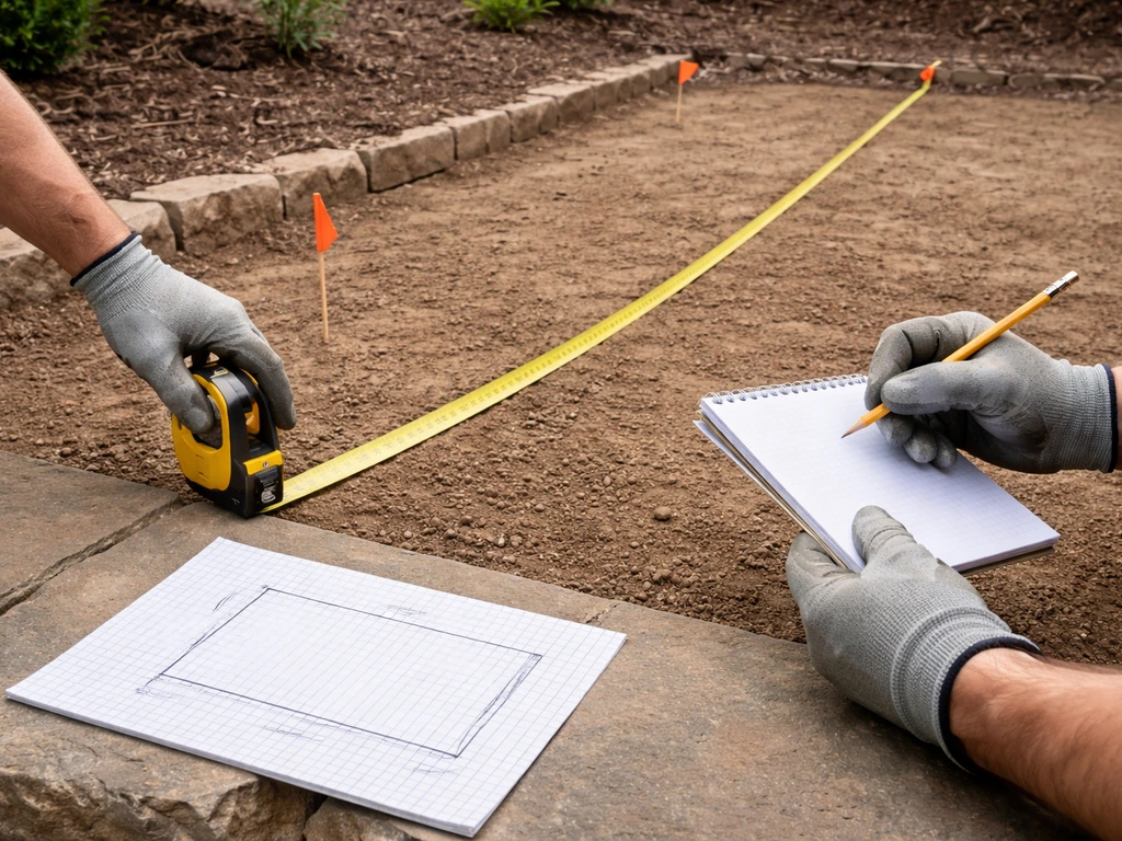 Hands use a 25-foot tape measure and notepad over graph paper to mark a patio area outdoors.