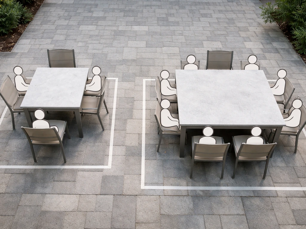 Minimal dining table sizing layout with two empty table placemats and patio zone space, people icons implied