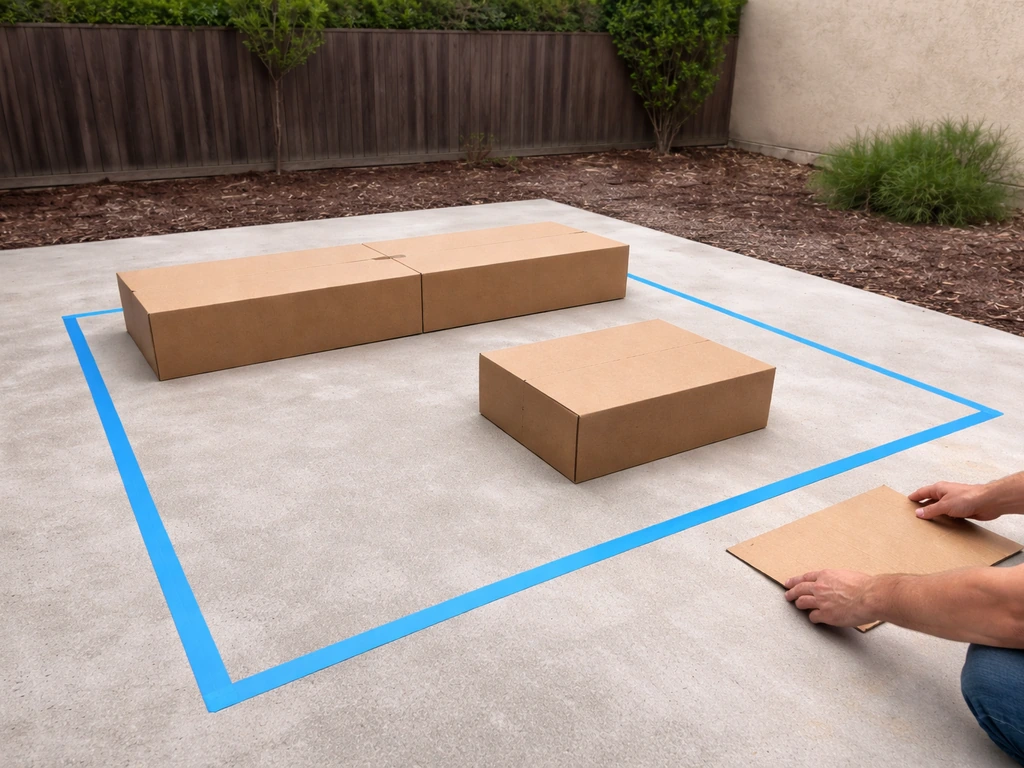 Painter’s tape patio outline with cardboard furniture templates on the ground to check clearances.