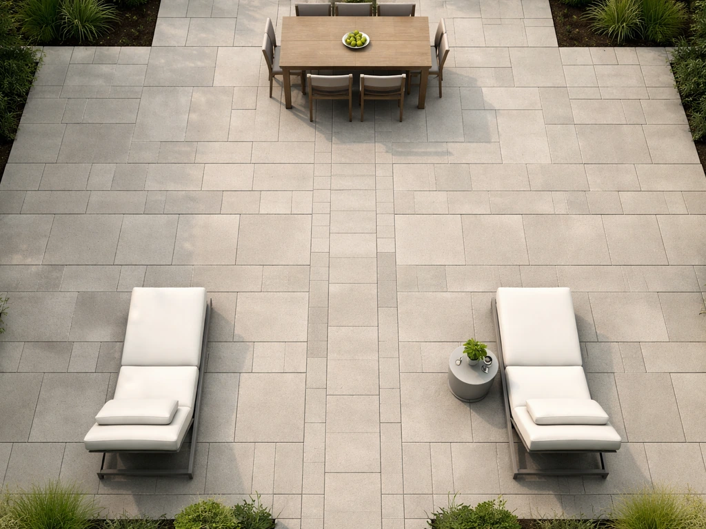 Top-down view of a square patio with three zones for dining, lounge, and walkway using different paver layouts.