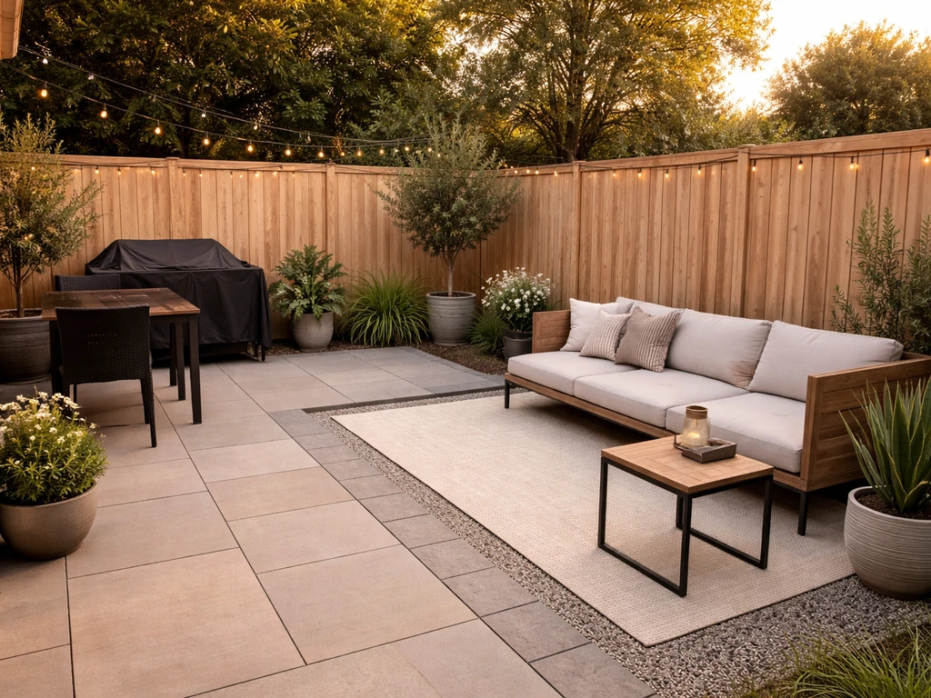 L-shaped corner patio showing dining/cooking short leg and lounging long leg in a backyard.