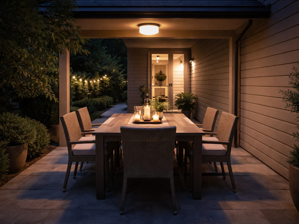 Warm-lit outdoor dining patio with a rectangular table, chairs, and a clear path to the kitchen.