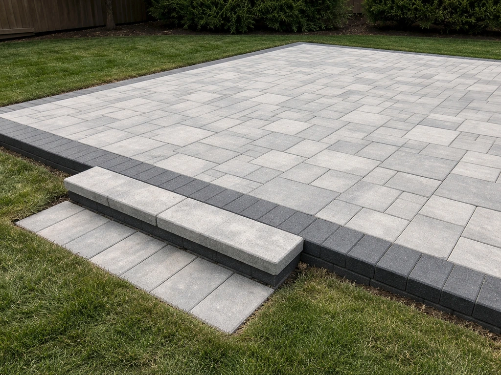 Close view of a backyard patio paver field with contrasting edging and step-to-lawn transition detail.