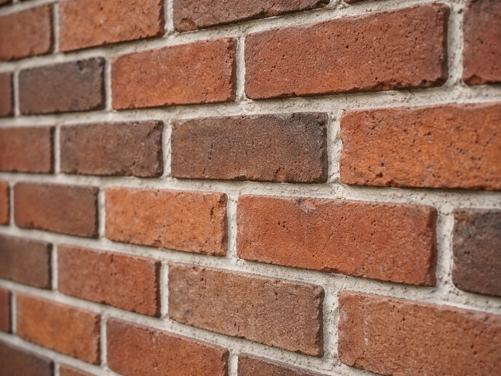 Close-up of an exposed brick wall in running bond, with rows offset by half a brick.