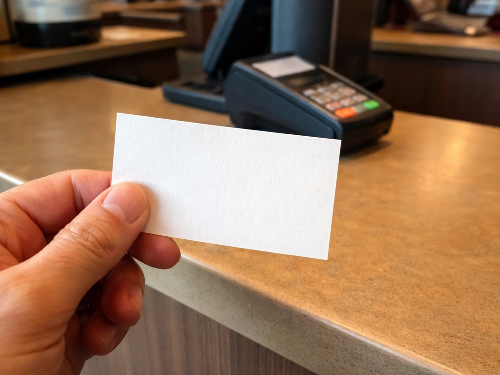 A hand holds a printed coupon near a restaurant card reader at the counter.