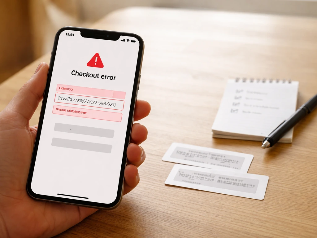 Close-up of a smartphone showing a checkout error screen with coupon code issues and a small checklist