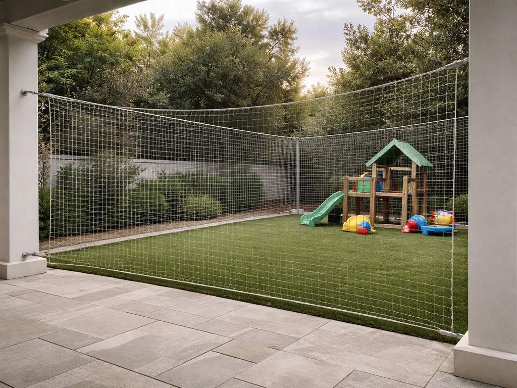 Backyard patio enclosed by neatly tensioned safety netting over a small play area