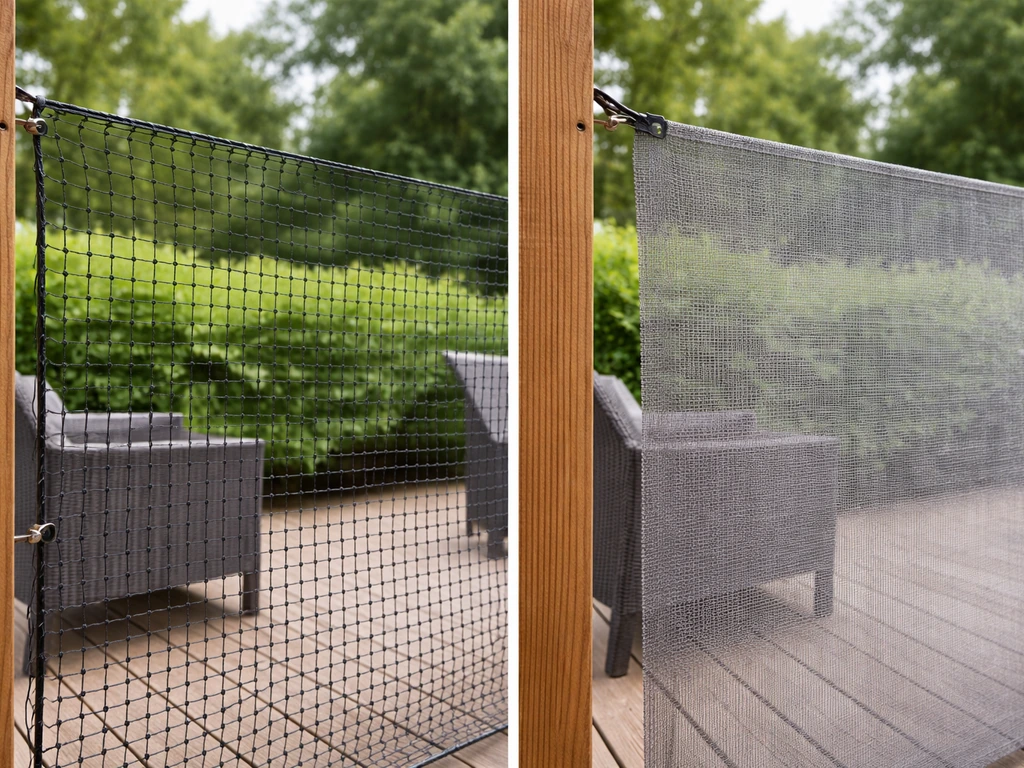 Side-by-side view of impact-rated safety netting vs loose privacy screening on a residential patio.