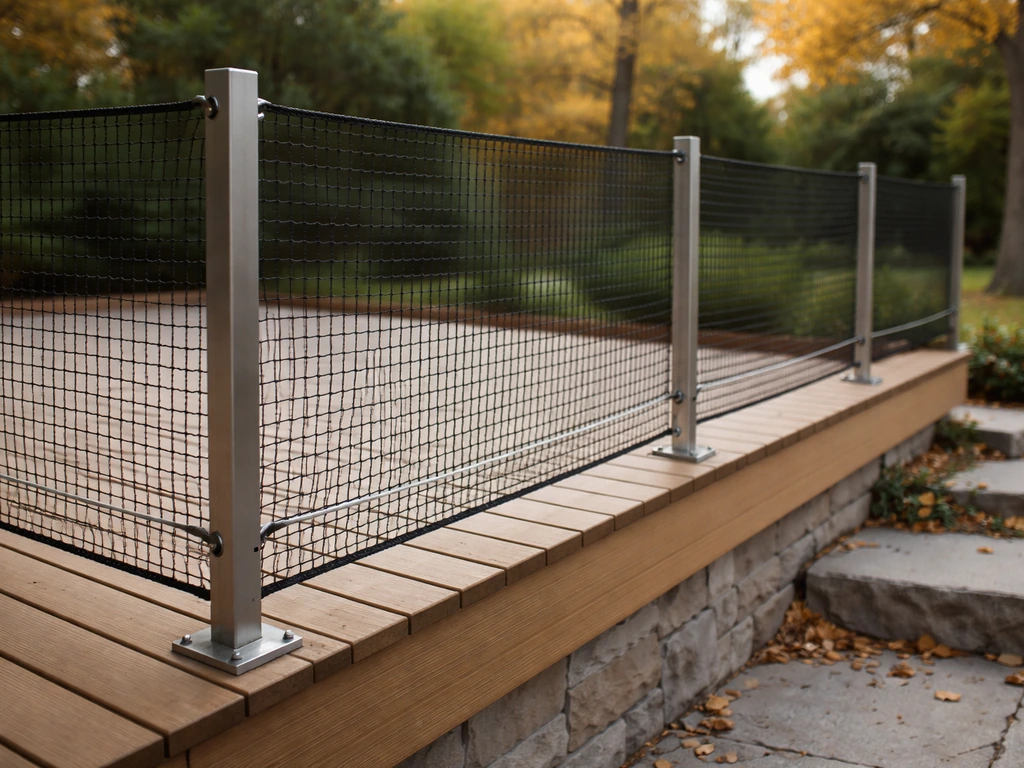 Tensioned safety barrier netting stretched between patio posts on a raised outdoor deck