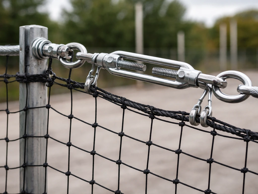 Close-up of a safely tensioned top cable with turnbuckle, hog rings, and clamps holding a net.