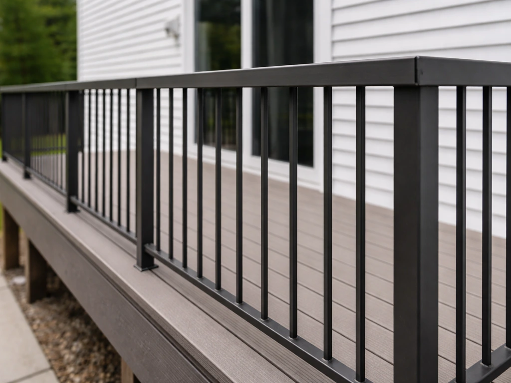 Home patio deck featuring a clear safety railing with top rail and evenly spaced posts in natural daylight.