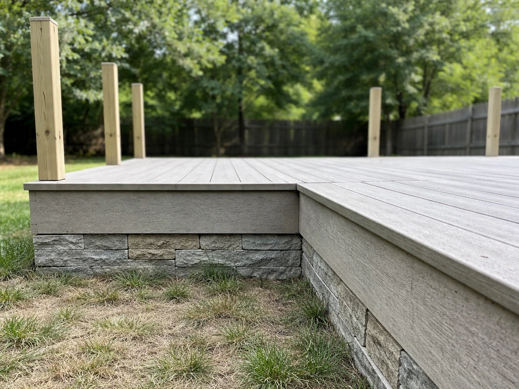 Raised patio edge with an open drop to the yard, showing where safety railings are needed