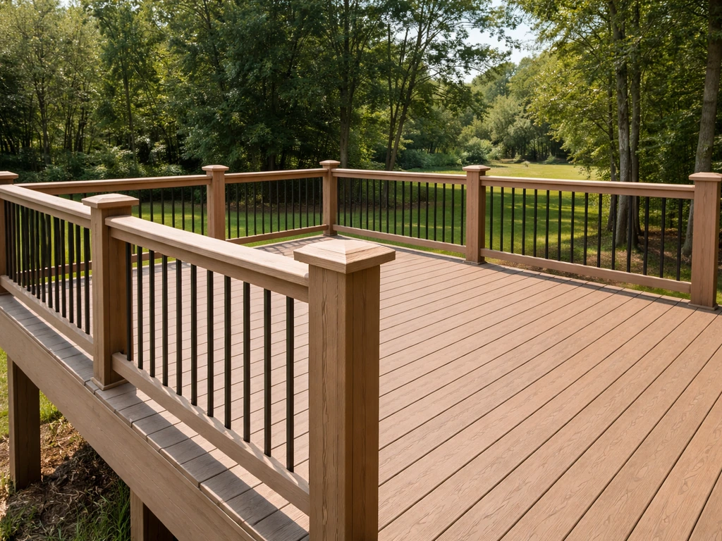 Elevated wooden deck with full perimeter guard rail posts and top rail in daylight.