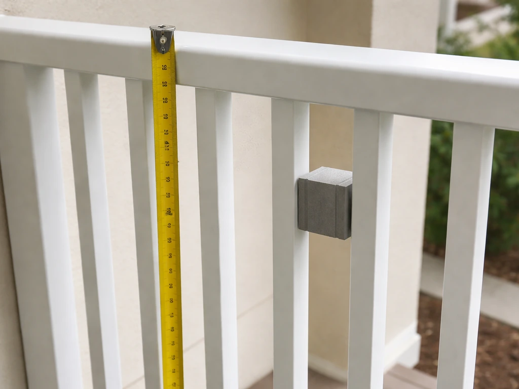 Measuring tape held vertically at a balcony guard with a gauge block inserted in a baluster gap.