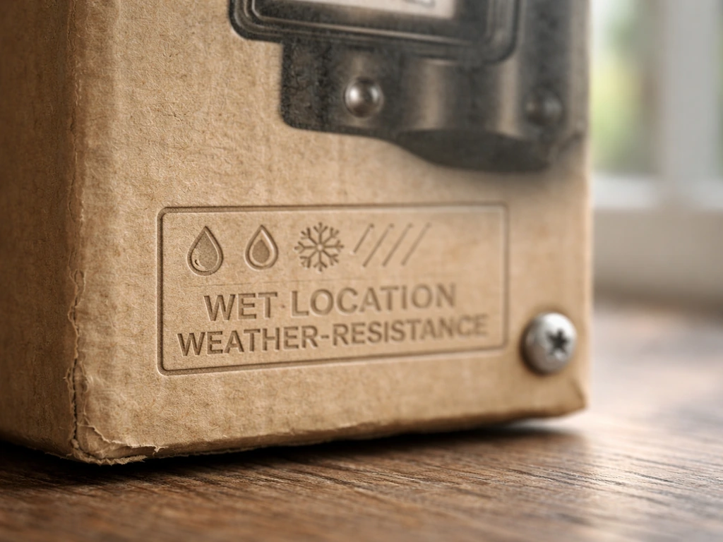 Close-up of outdoor product packaging showing UL wet-location-style rating markings and weather ratings text