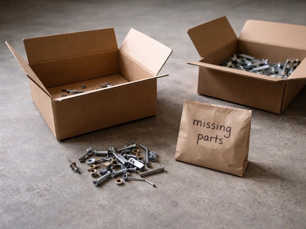 Open clearance furniture box with scattered hardware and an adjacent bag marked missing parts.