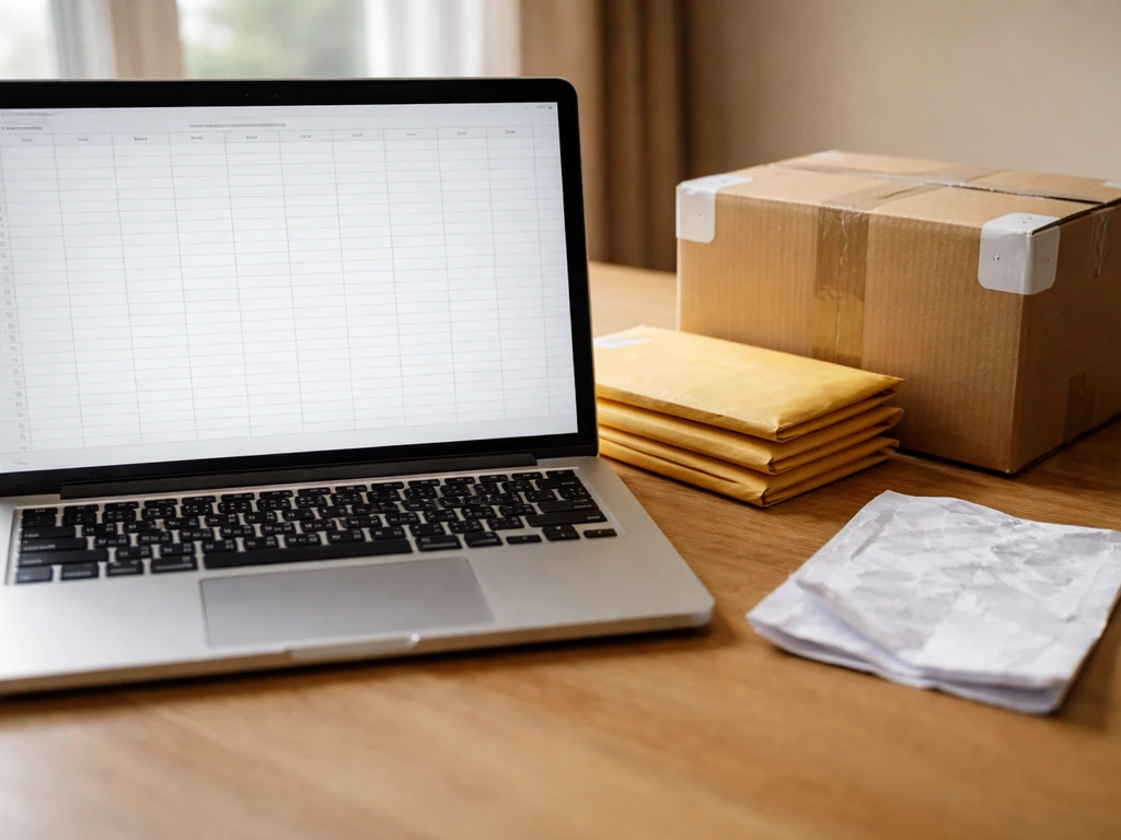 Close-up of laptop spreadsheet grid and shipping boxes/envelopes on a wooden table to suggest total-cost risk.