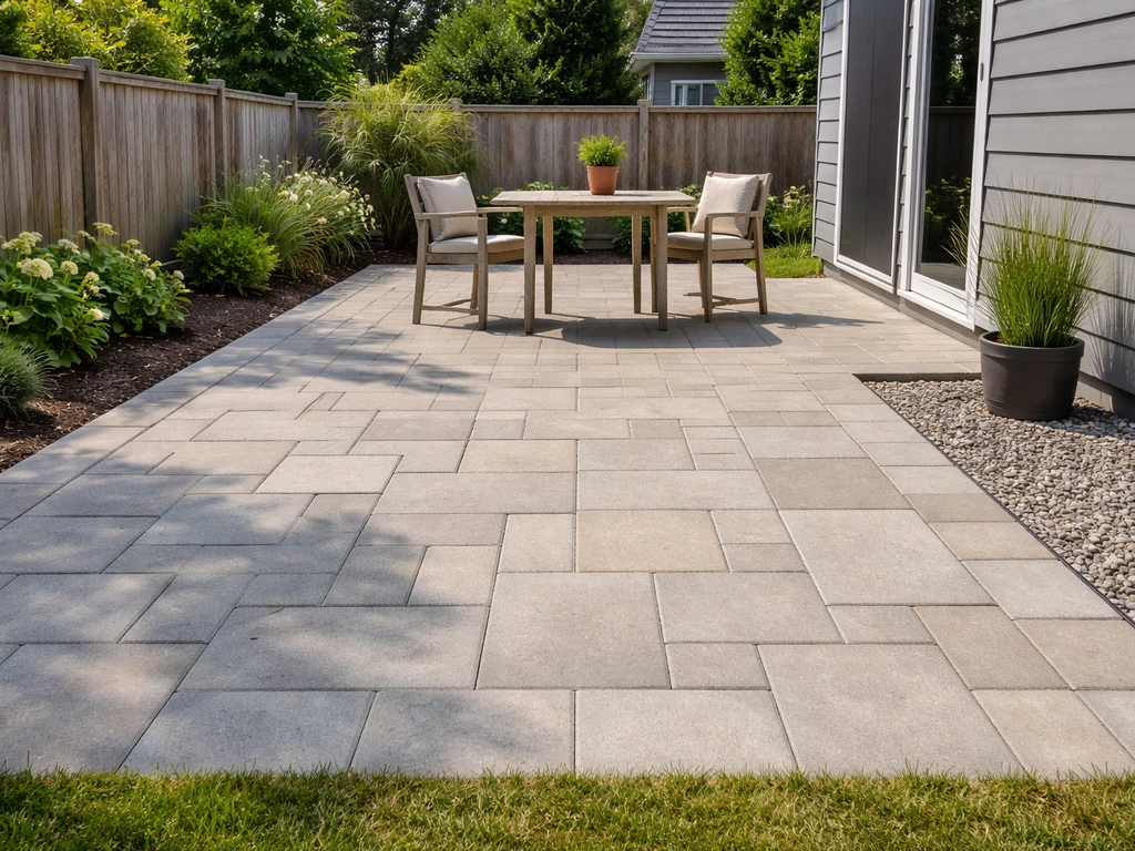 Finished backyard patio with neatly laid pavers, outdoor seating, and clear layout in natural daylight.