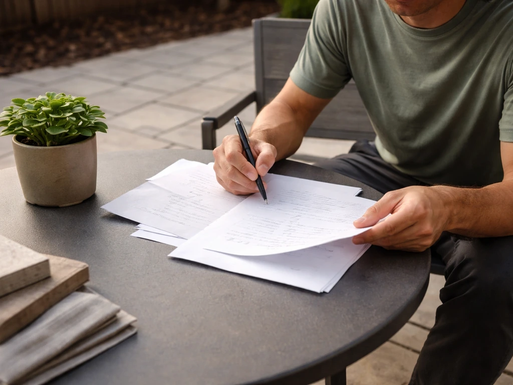 Homeowner at an outdoor patio table reviewing simple handwritten notes about choosing a patio layout