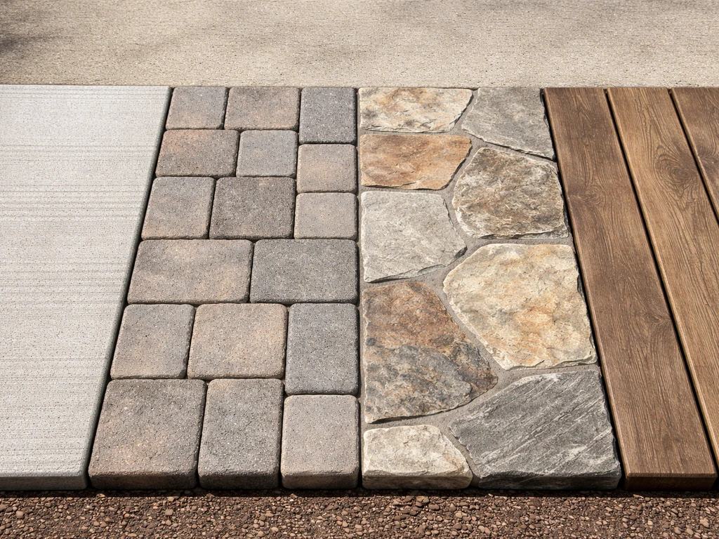 Side-by-side photo of concrete, pavers, wood planks, and natural stone patio material textures.