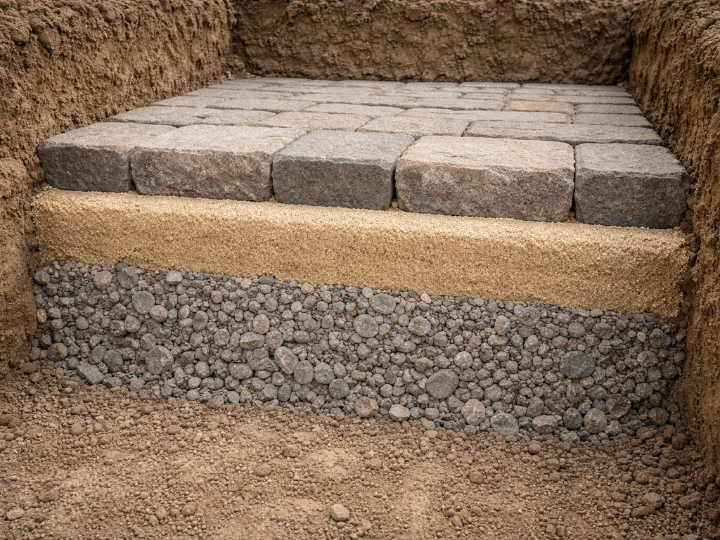 Minimal cross-section of a paver patio base showing compacted gravel, sand bedding, and finished surface