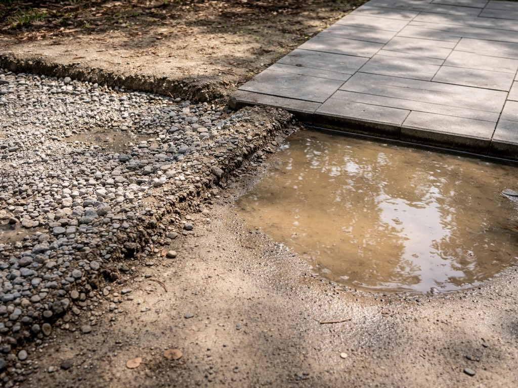 Close-up of a patio base with uneven settling and muddy pooled water along a flat grade