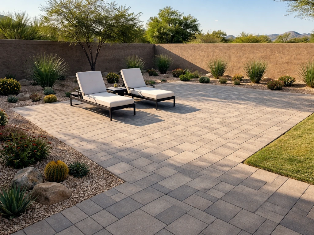 Sunlit Arizona backyard with a finished stone paver patio and neatly lined desert landscaping.