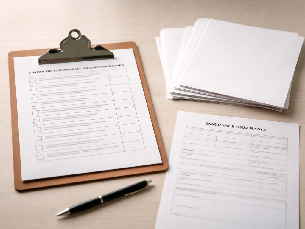 Clipboard with contractor licensing/insurance verification checklist beside blank licensing papers and an insurance cert